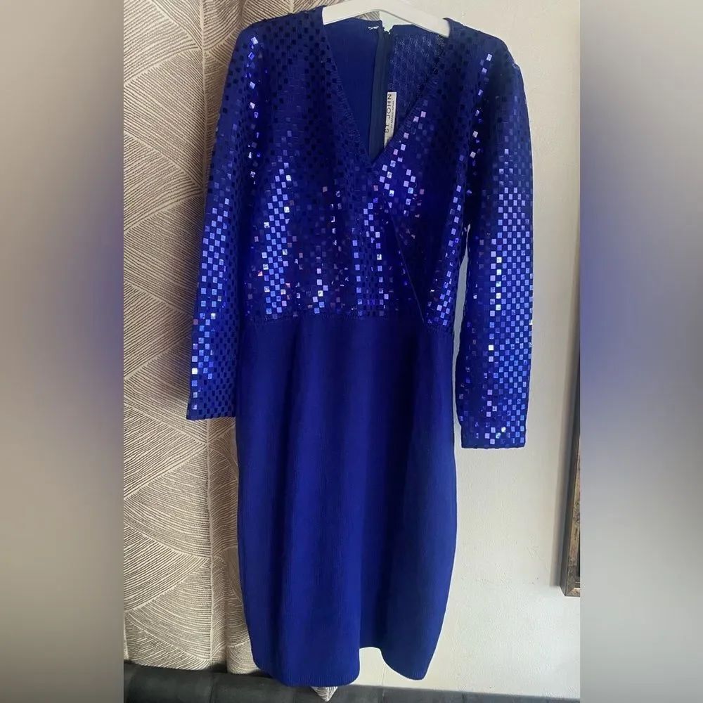 ST.JOHN EVENING SEQUIN DRESS LONG SLEEVE PURPLE Removable Belt Size 6 VINTAGE